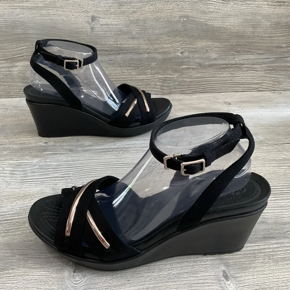 Crocs Leigh II Womens Size 11 CrossStrap Metalblock Ankle Wedge Black Sandals